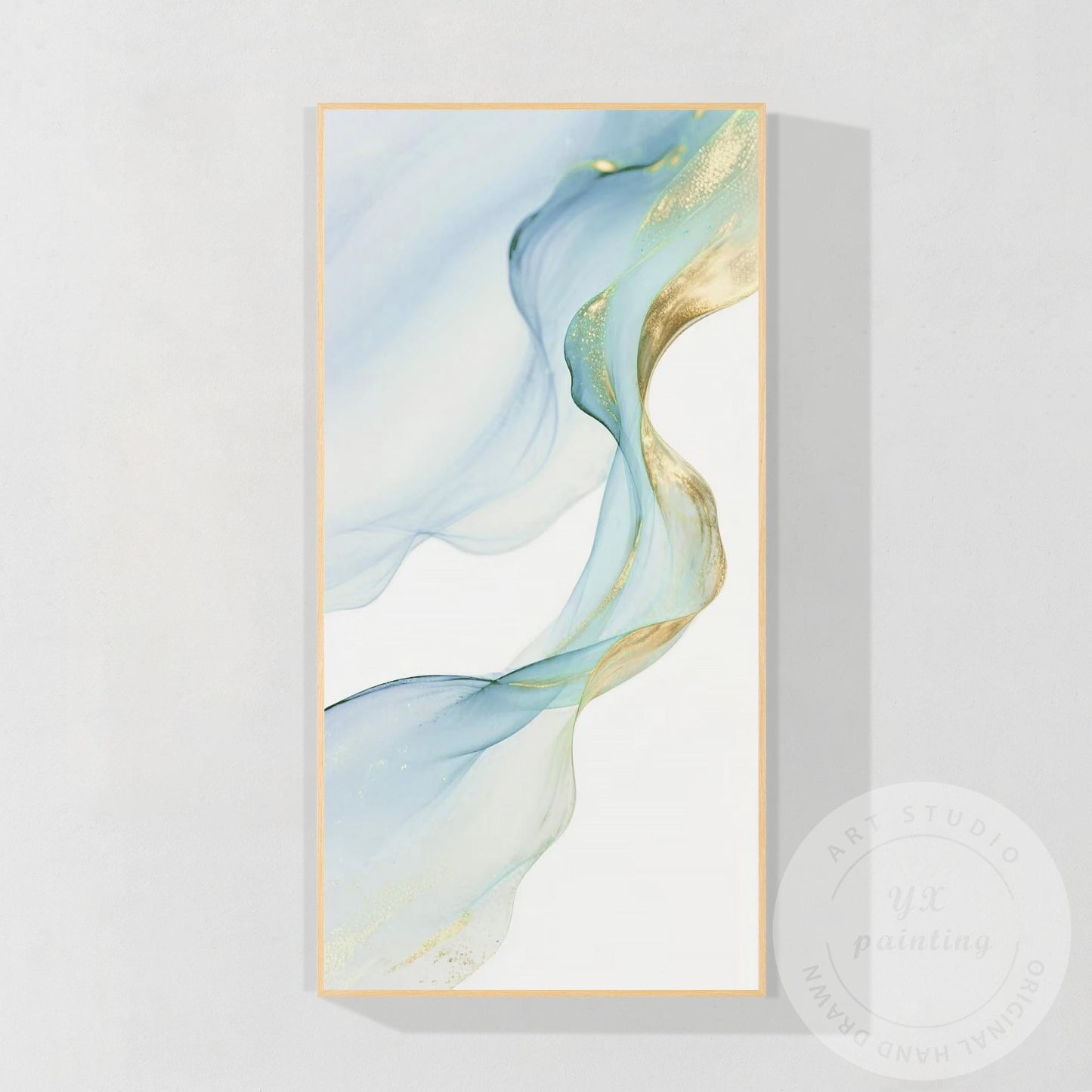 Blue & Gold Ribbon Canvas Painting, Modern Watercolor Wall Art, Elegant Home Dec #8