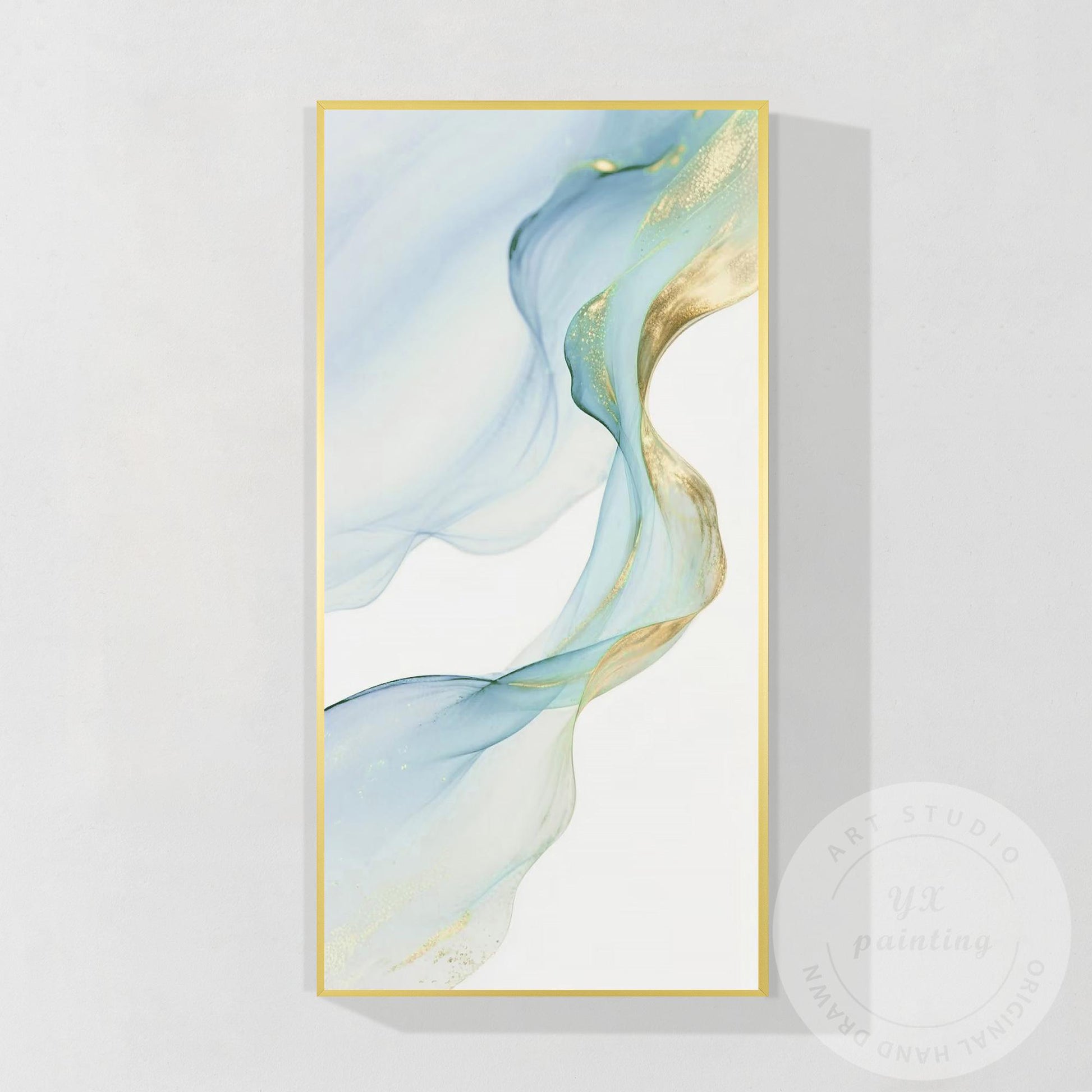 Blue & Gold Ribbon Canvas Painting, Modern Watercolor Wall Art, Elegant Home Dec #9