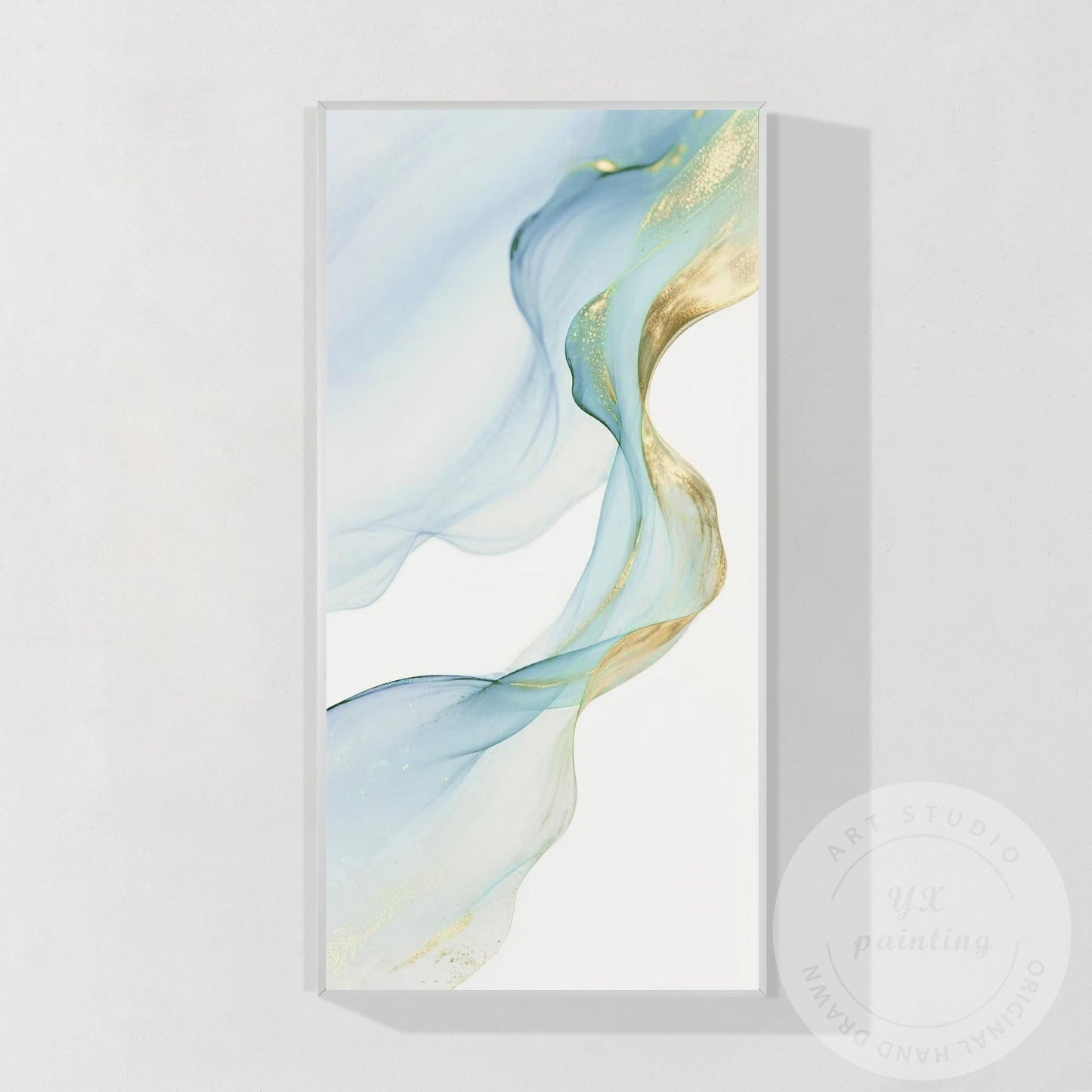 Blue & Gold Ribbon Canvas Painting, Modern Watercolor Wall Art, Elegant Home Dec #10