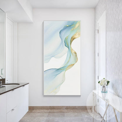 Blue & Gold Ribbon Canvas Painting, Modern Watercolor Wall Art, Elegant Home Dec #1