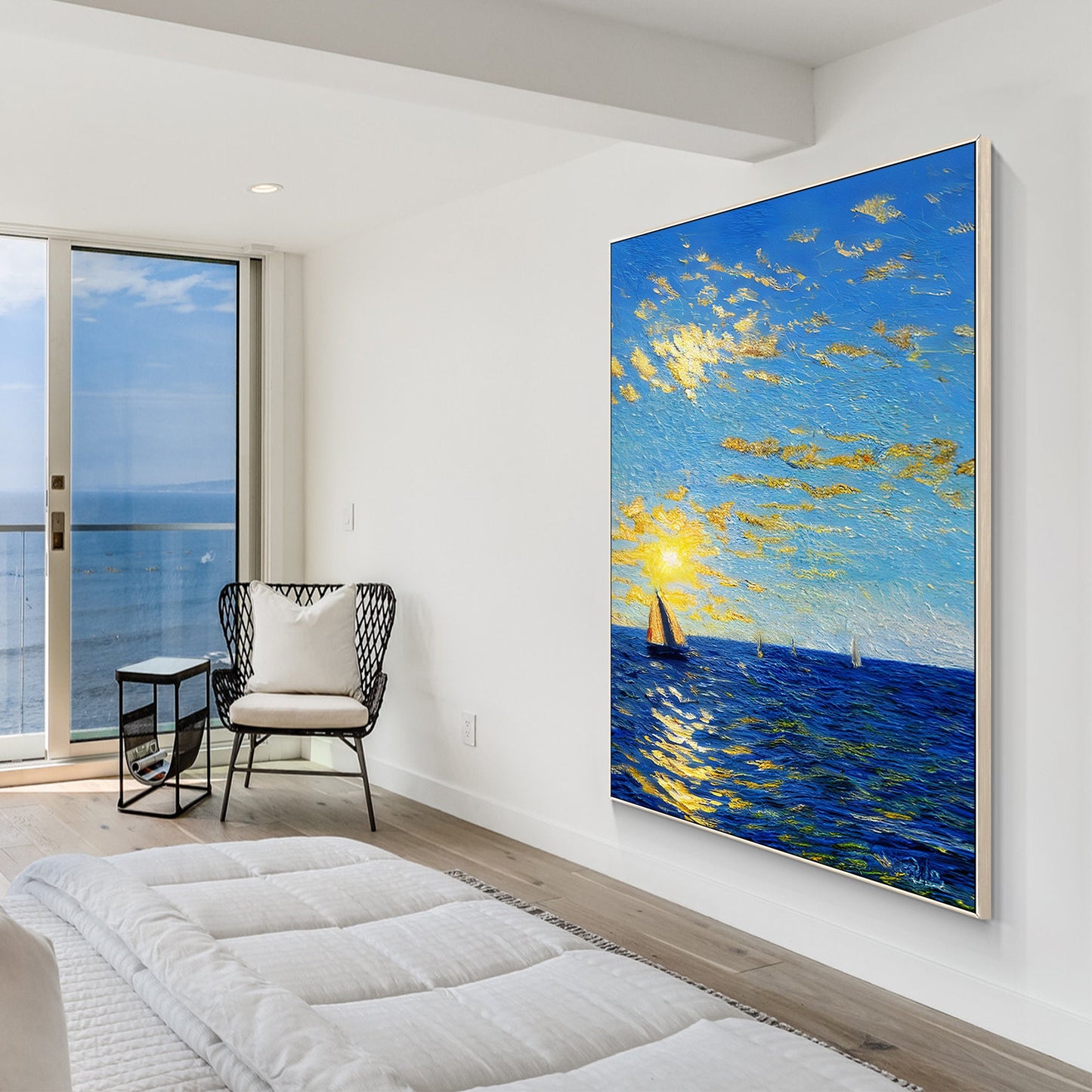 Blue Gold Sailboat Painting: Abstract Seascape Canvas Art, Framed Coastal Decor #2