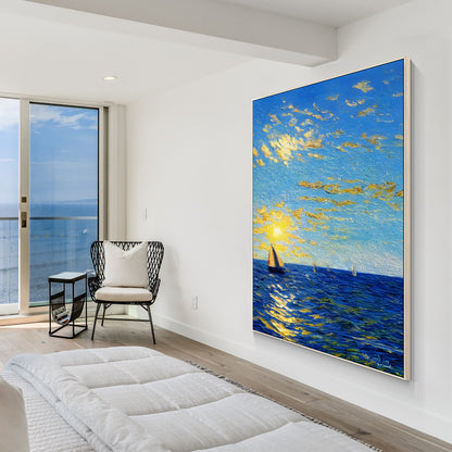 Blue Gold Sailboat Painting: Abstract Seascape Canvas Art, Framed Coastal Decor #2