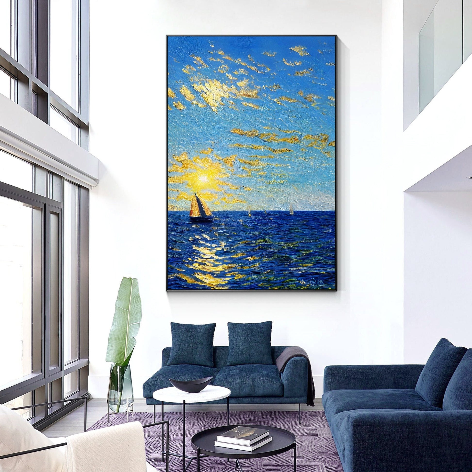 Blue Gold Sailboat Painting: Abstract Seascape Canvas Art, Framed Coastal Decor #3