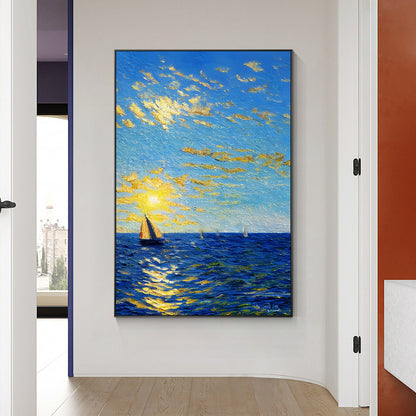 Blue Gold Sailboat Painting: Abstract Seascape Canvas Art, Framed Coastal Decor #4