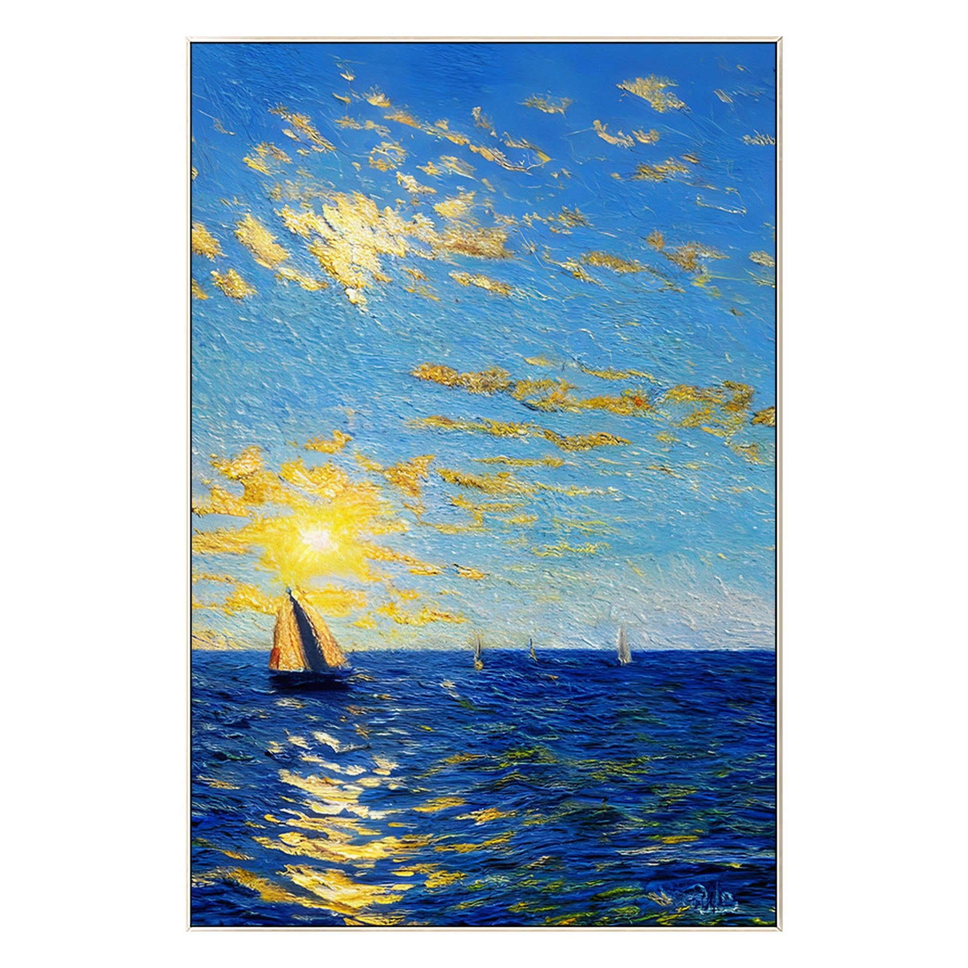 Blue Gold Sailboat Painting: Abstract Seascape Canvas Art, Framed Coastal Decor #7