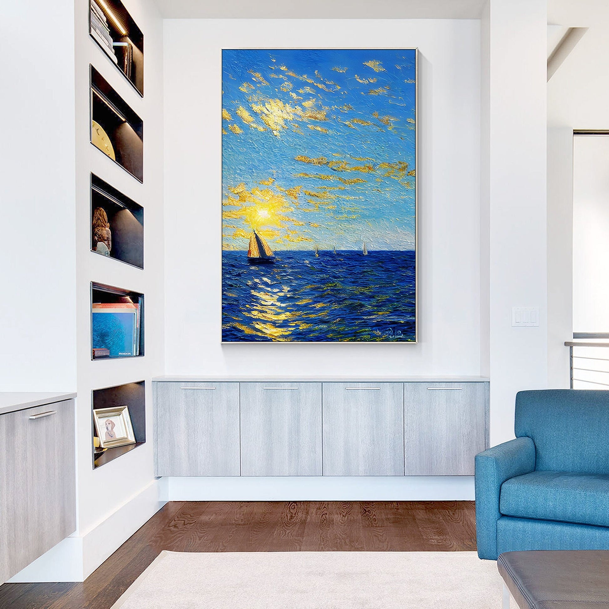 Blue Gold Sailboat Painting: Abstract Seascape Canvas Art, Framed Coastal Decor #1