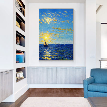 Blue Gold Sailboat Painting: Abstract Seascape Canvas Art, Framed Coastal Decor #1