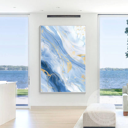 Blue Gold Wave Wall Art, Large Vertical Fluid Abstract Canvas, Modern Acrylic &  #2