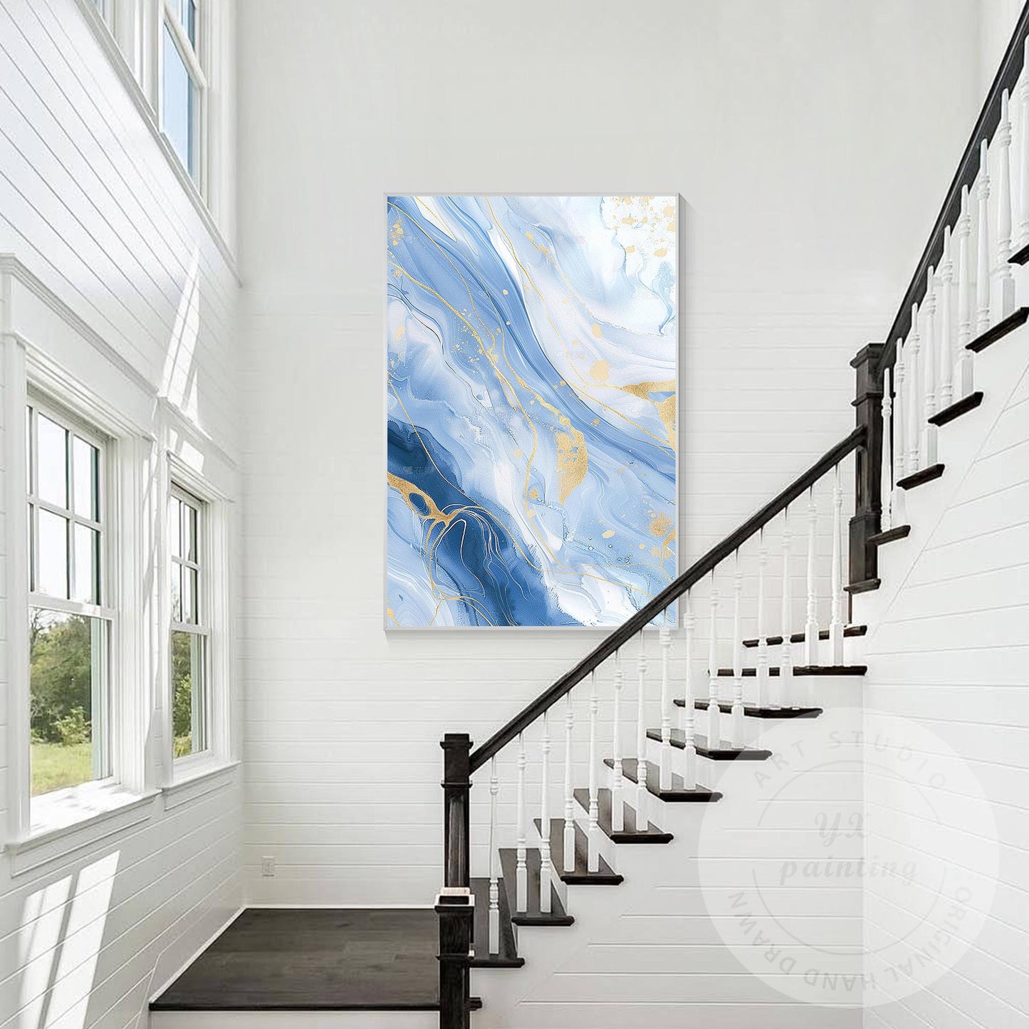 Blue Gold Wave Wall Art, Large Vertical Fluid Abstract Canvas, Modern Acrylic &  #3