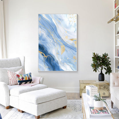 Blue Gold Wave Wall Art, Large Vertical Fluid Abstract Canvas, Modern Acrylic &  #4