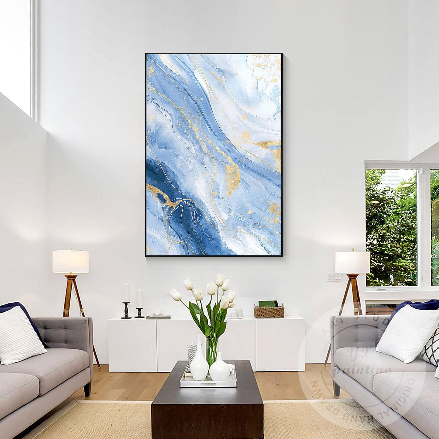 Blue Gold Wave Wall Art, Large Vertical Fluid Abstract Canvas, Modern Acrylic &  #5