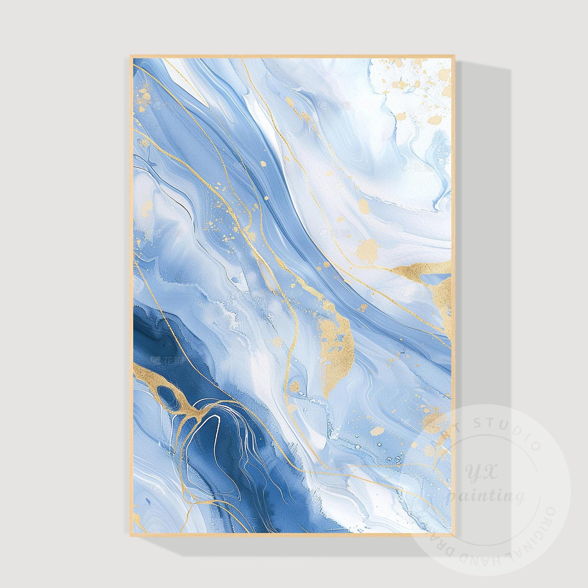 Blue Gold Wave Wall Art, Large Vertical Fluid Abstract Canvas, Modern Acrylic &  #8
