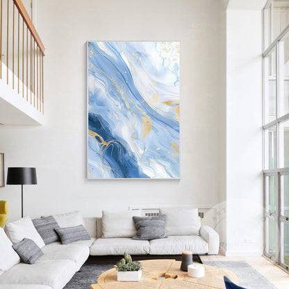 Blue Gold Wave Wall Art, Large Vertical Fluid Abstract Canvas, Modern Acrylic &  #1