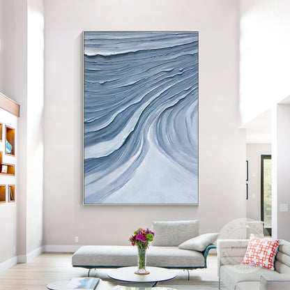 Blue Gray Abstract Impasto Painting: Framed Minimalist Wall Art #2