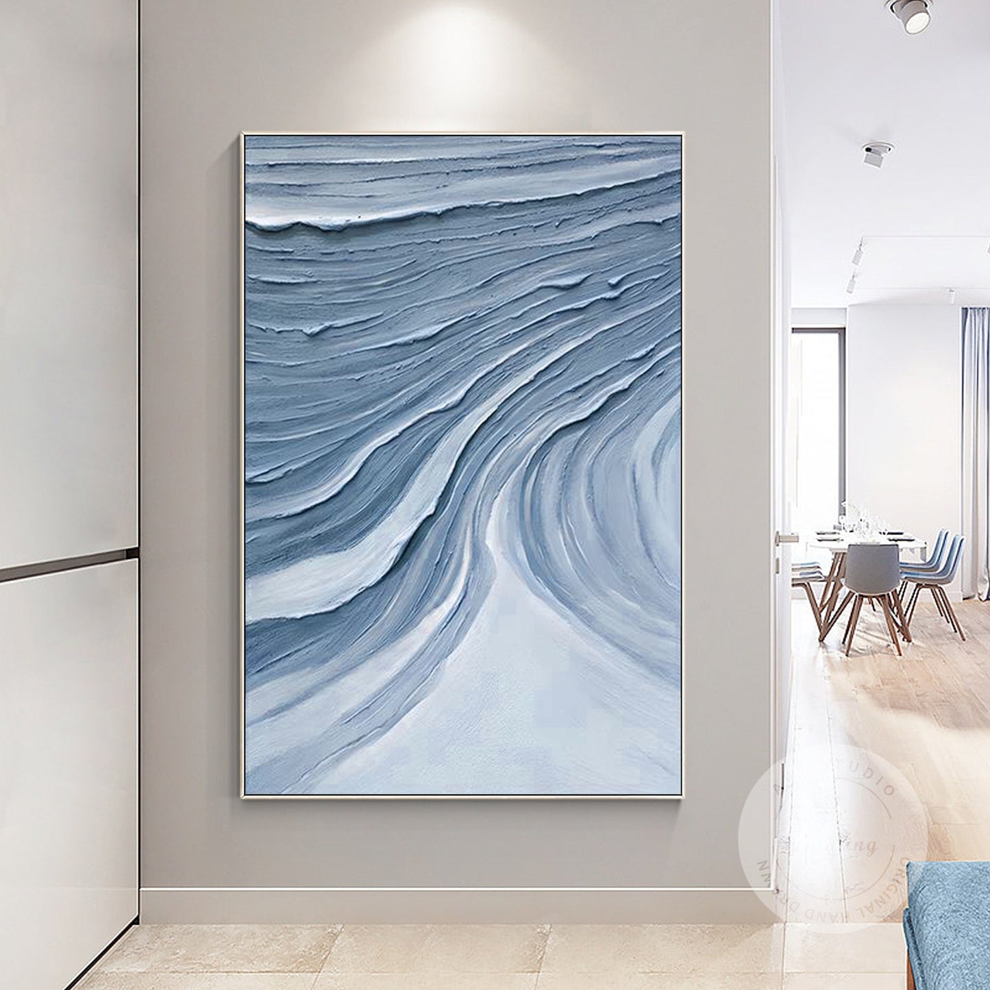 Blue Gray Abstract Impasto Painting: Framed Minimalist Wall Art #3