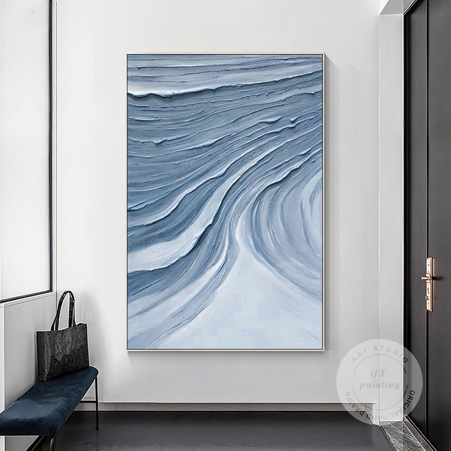 Blue Gray Abstract Impasto Painting: Framed Minimalist Wall Art #4