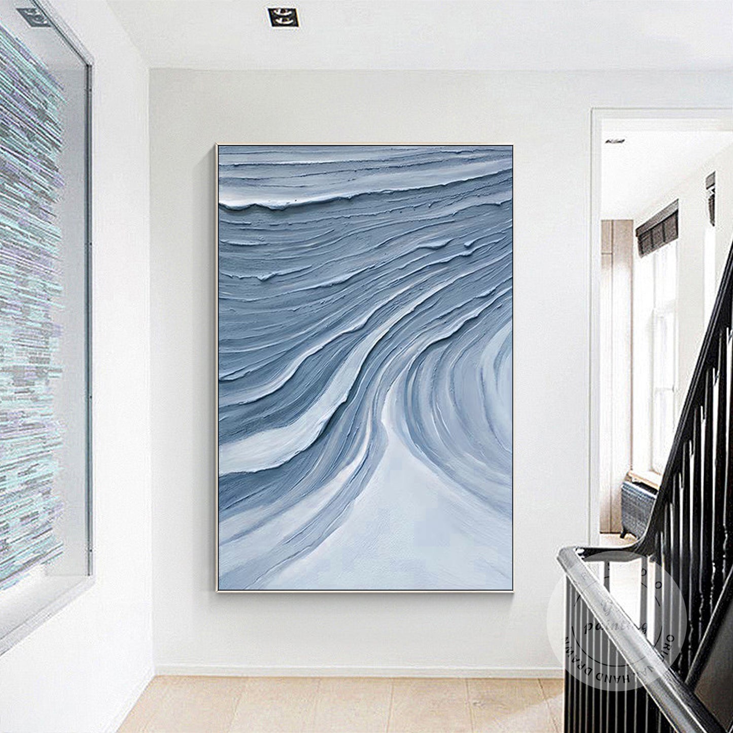 Blue Gray Abstract Impasto Painting: Framed Minimalist Wall Art #5