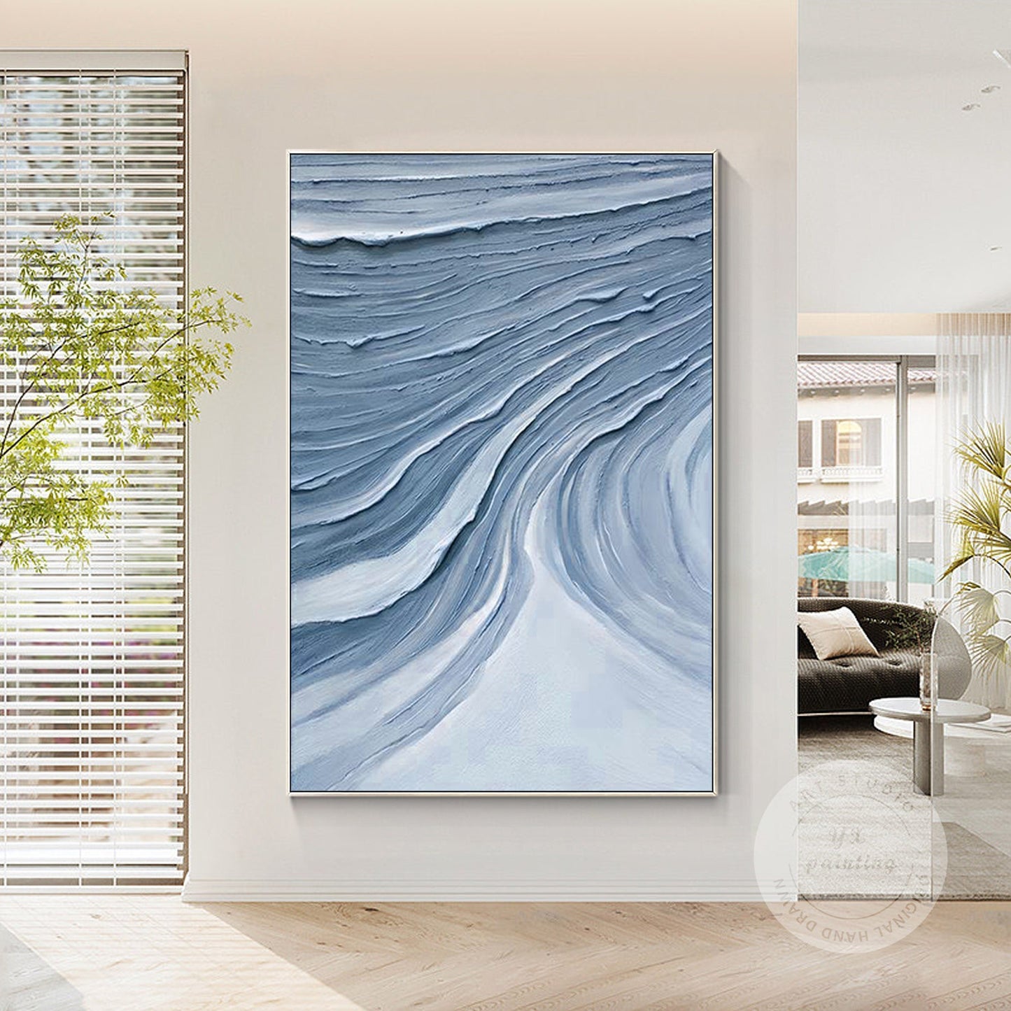 Blue Gray Abstract Impasto Painting: Framed Minimalist Wall Art #1
