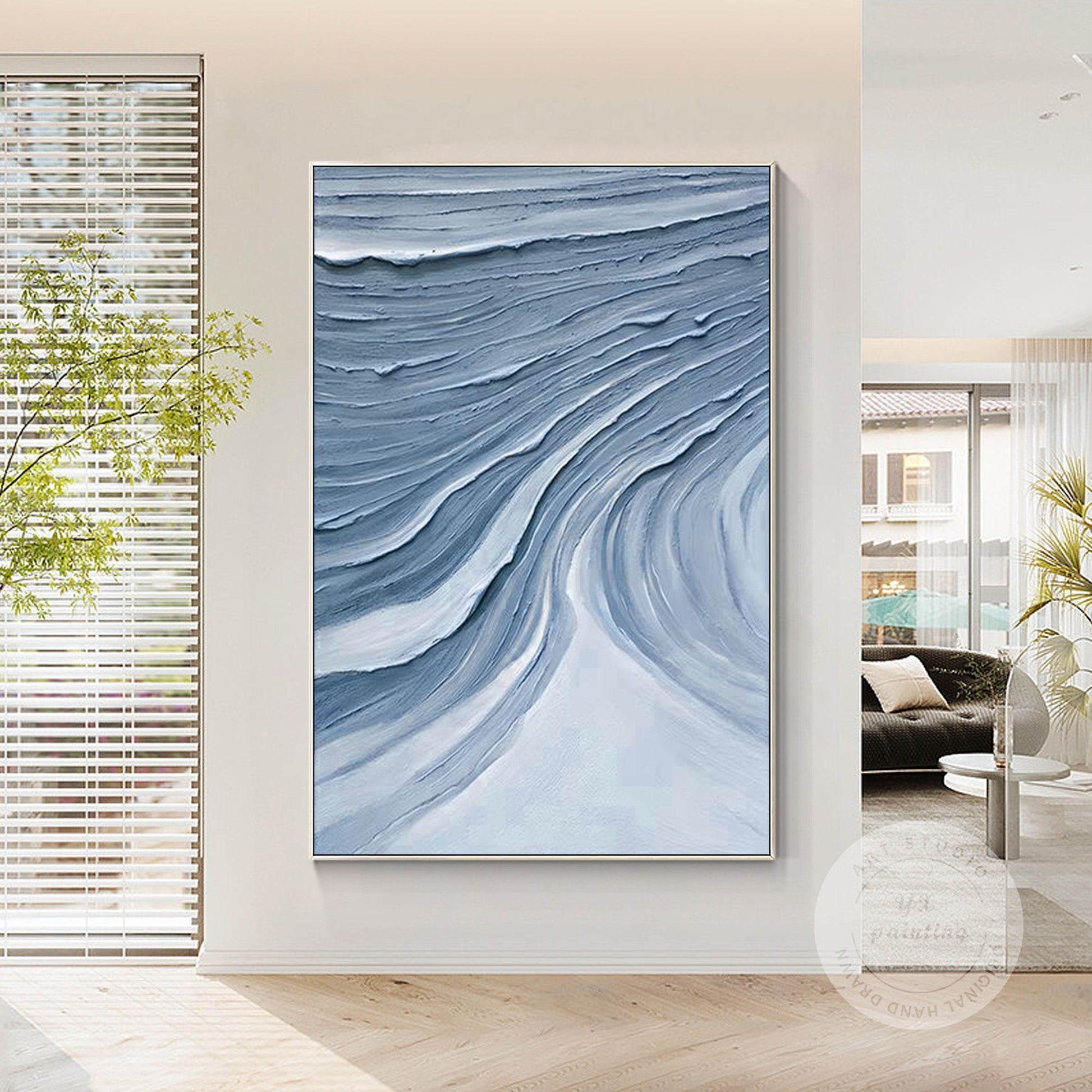 Blue Gray Abstract Impasto Painting: Framed Minimalist Wall Art #1