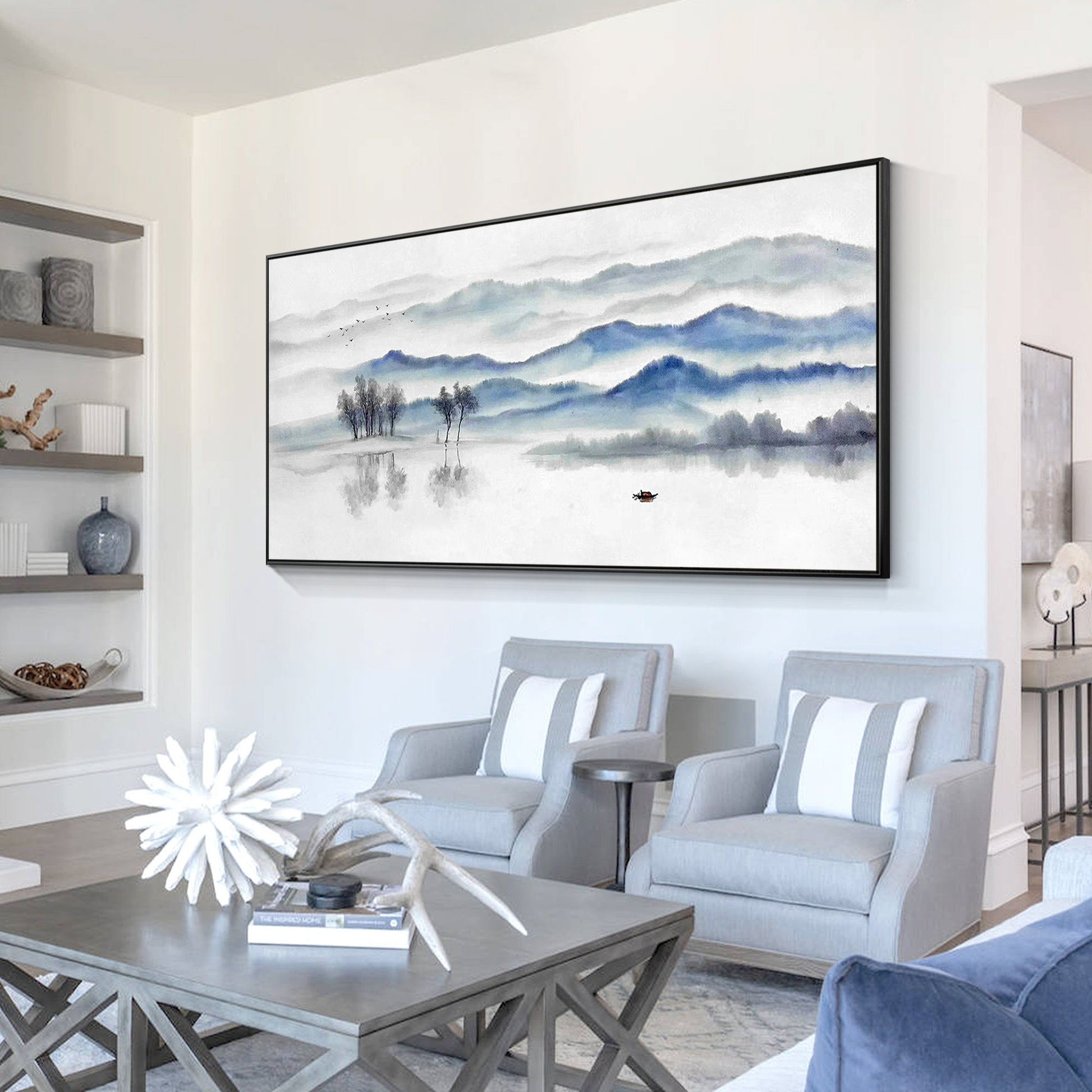 Blue Gray Mountain Painting: Long Horizontal Canvas Wall Art #2
