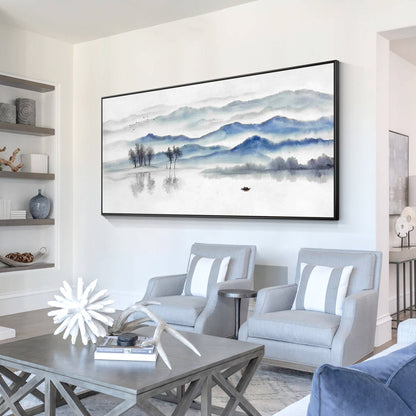 Blue Gray Mountain Painting: Long Horizontal Canvas Wall Art #2