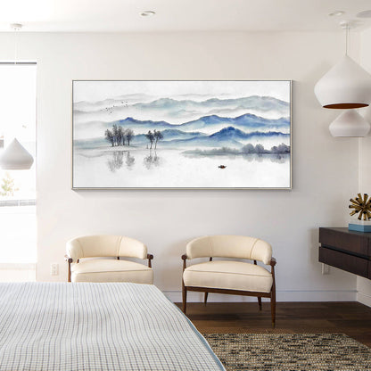 Blue Gray Mountain Painting: Long Horizontal Canvas Wall Art #3