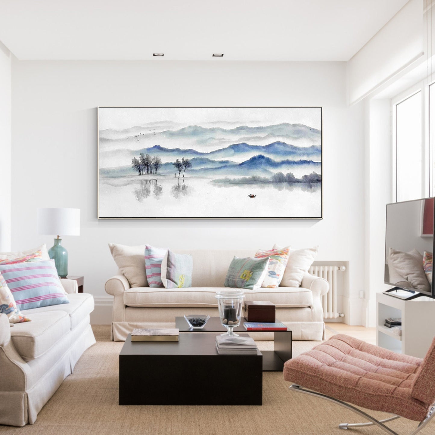 Blue Gray Mountain Painting: Long Horizontal Canvas Wall Art #4