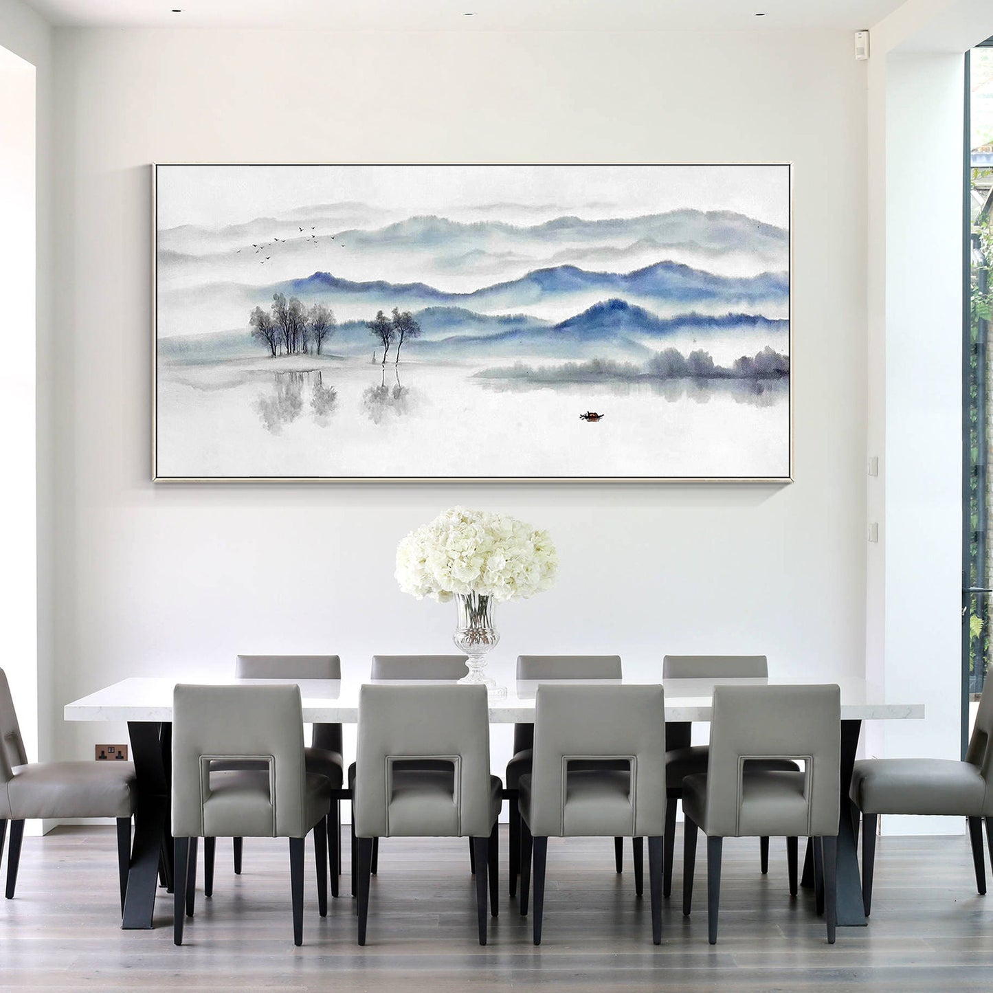 Blue Gray Mountain Painting: Long Horizontal Canvas Wall Art #5