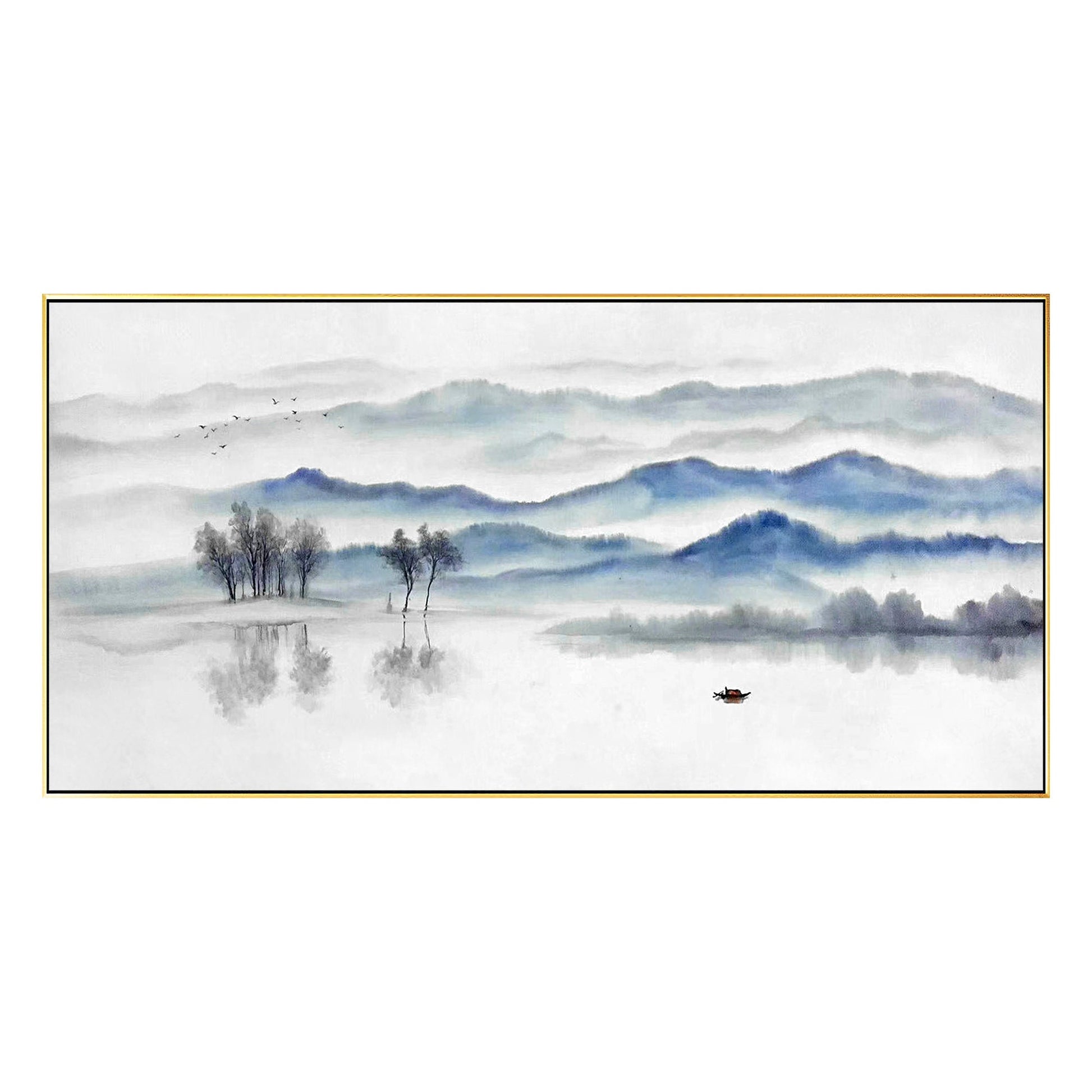 Blue Gray Mountain Painting: Long Horizontal Canvas Wall Art #7