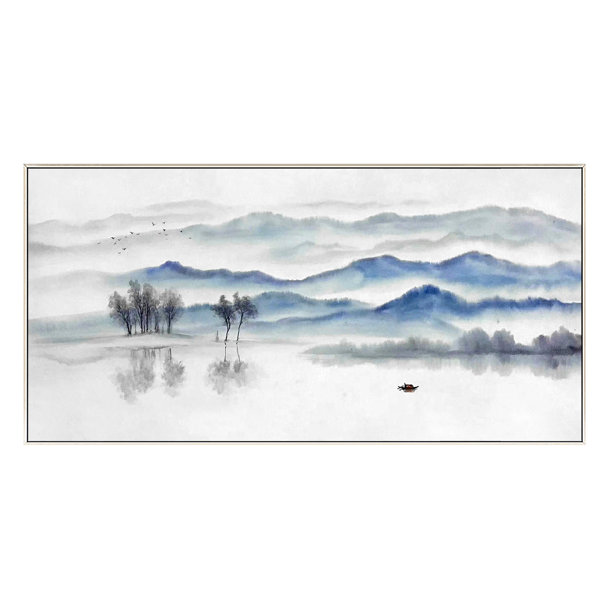 Blue Gray Mountain Painting: Long Horizontal Canvas Wall Art #8