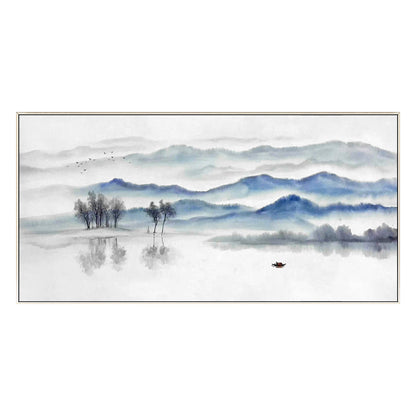 Blue Gray Mountain Painting: Long Horizontal Canvas Wall Art #8
