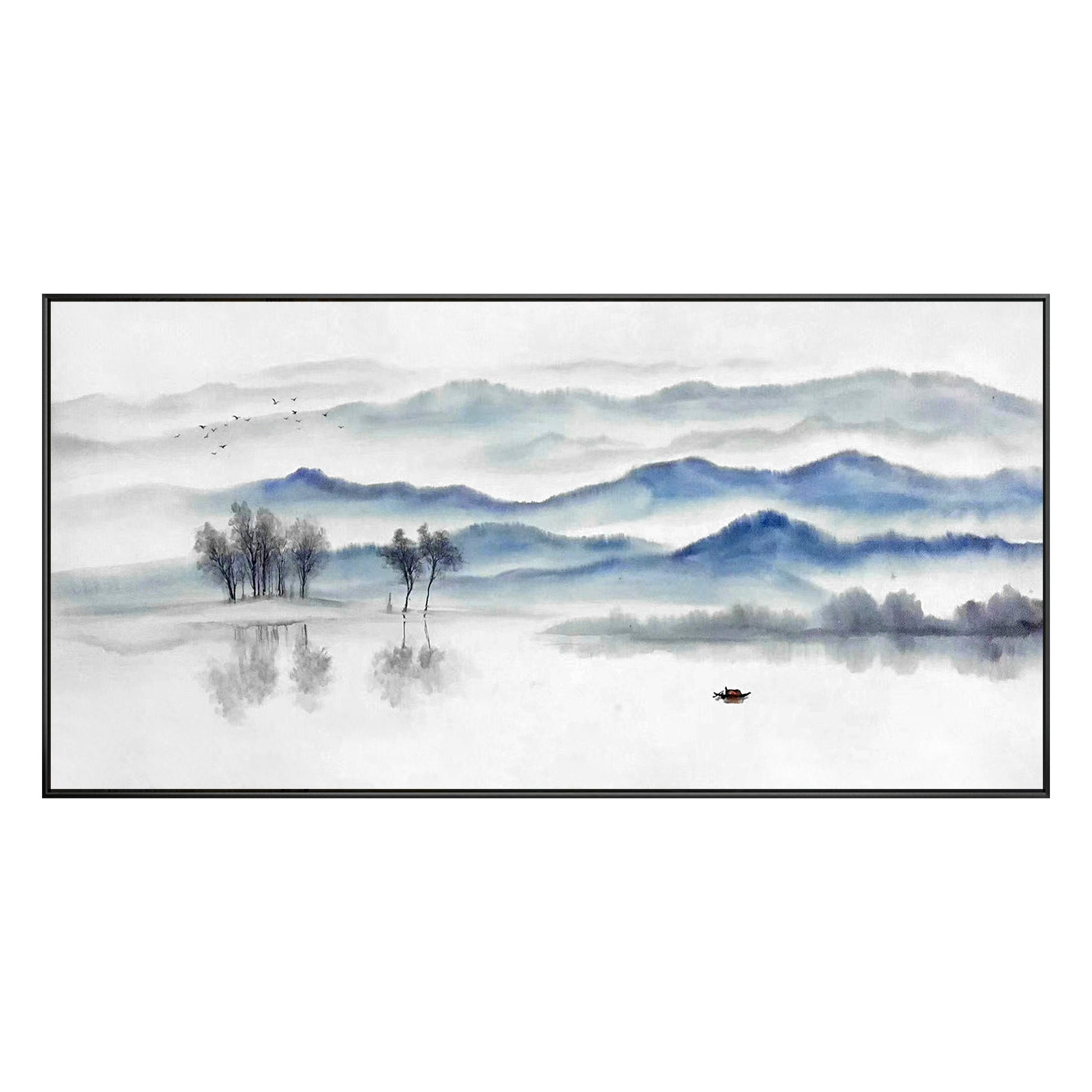 Blue Gray Mountain Painting: Long Horizontal Canvas Wall Art #9