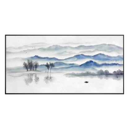 Blue Gray Mountain Painting: Long Horizontal Canvas Wall Art #9