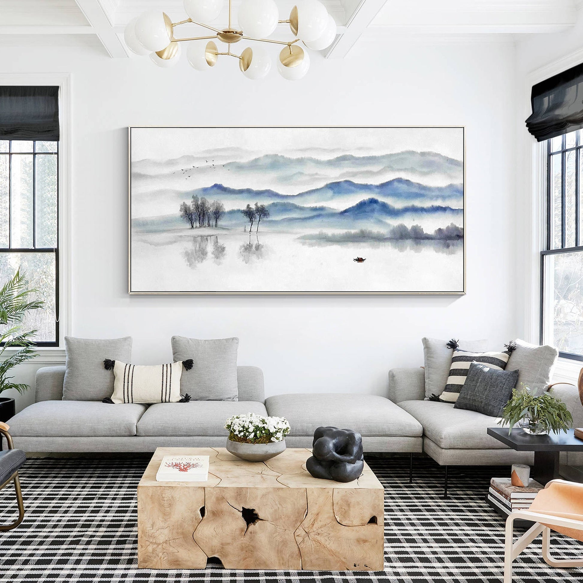 Blue Gray Mountain Painting: Long Horizontal Canvas Wall Art #1