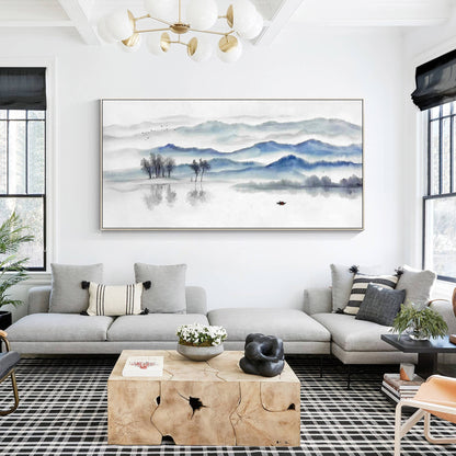 Blue Gray Mountain Painting: Long Horizontal Canvas Wall Art #1