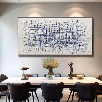 BLUE GRID: Textured Minimalist Abstract Painting in Blue and White | Minimalist closeup, raised brushwork detail