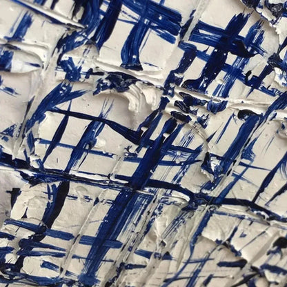 BLUE GRID: Textured Minimalist Abstract Painting in Blue and White | rectangular format, hand-painted canvas edge