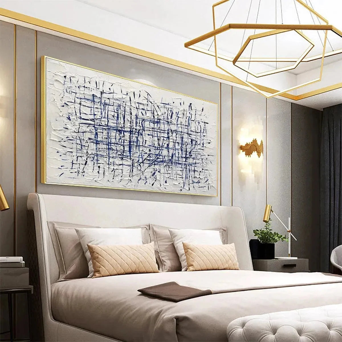 BLUE GRID: Textured Minimalist Abstract Painting in Blue and White | gold frame stretched on neutral wall