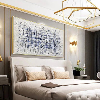 BLUE GRID: Textured Minimalist Abstract Painting in Blue and White | gold frame stretched on neutral wall