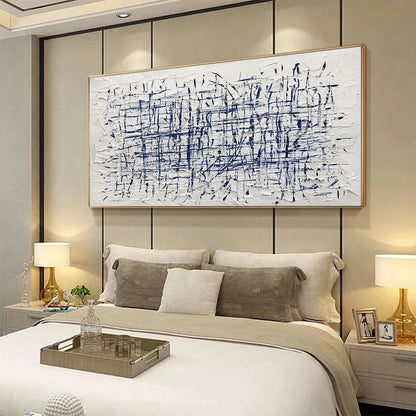 BLUE GRID: Textured Minimalist Abstract Painting in Blue and White | black frame version on white wall
