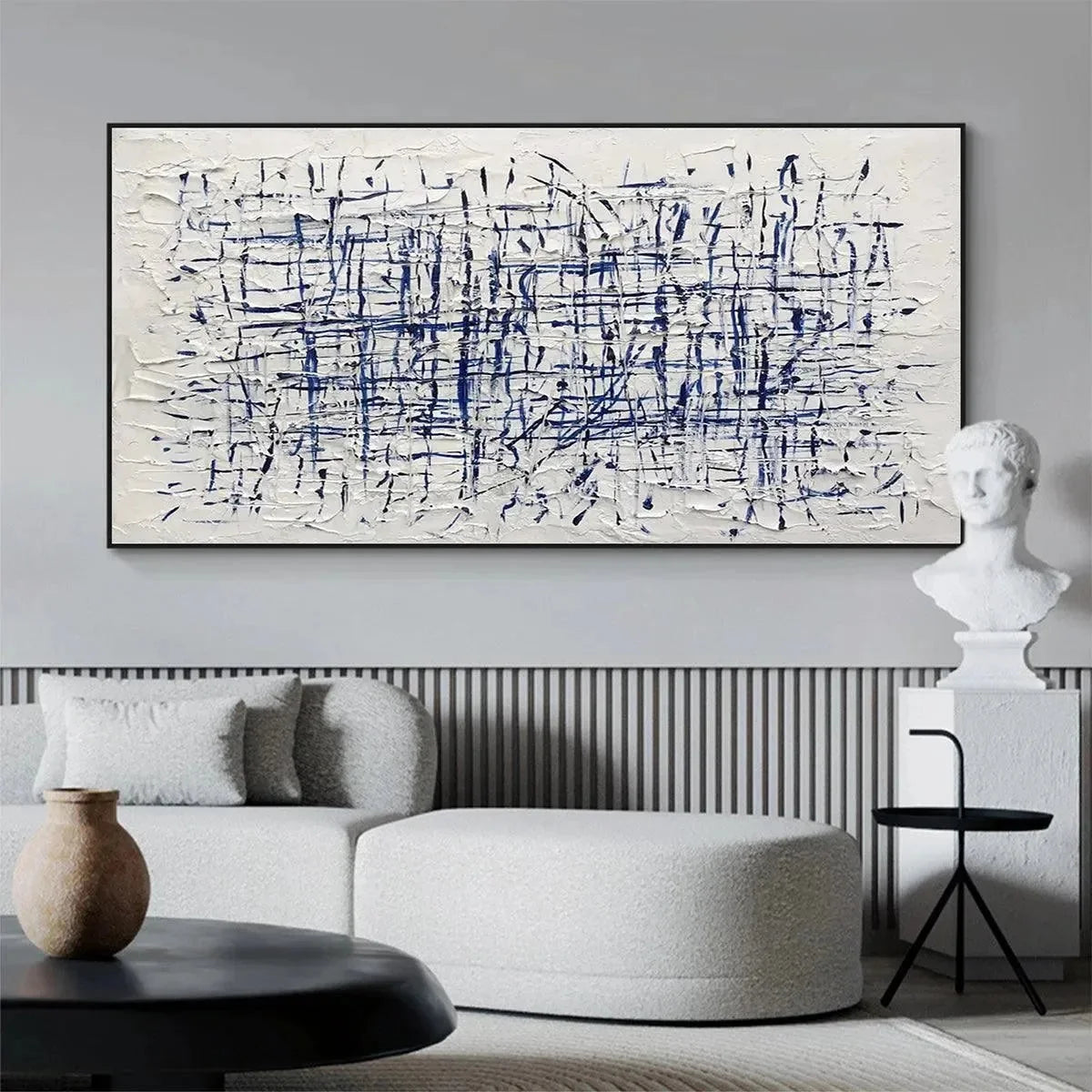 BLUE GRID: Textured Minimalist Abstract Painting in Blue and White | Minimalist mood, soft natural light studio shot