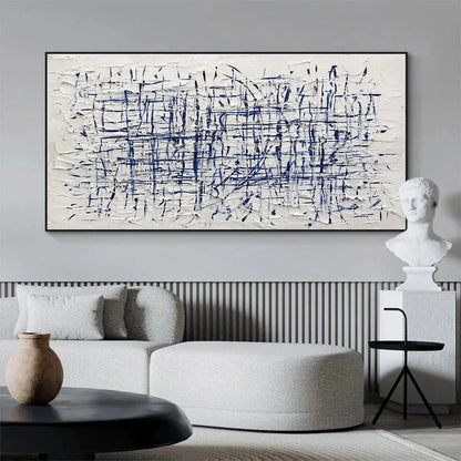 BLUE GRID: Textured Minimalist Abstract Painting in Blue and White | Minimalist mood, soft natural light studio shot