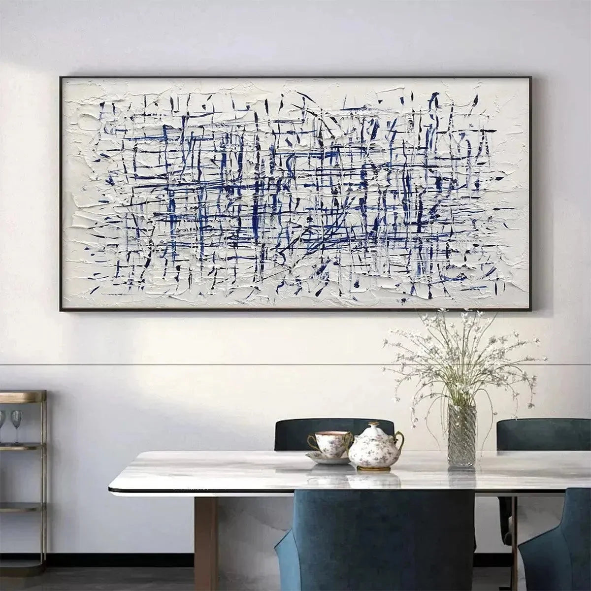 BLUE GRID: Textured Minimalist Abstract Painting in Blue and White | blue palette, original Hand-painted on premium stretched canvas with artist-grade oils; refined layered surface balances geometr...