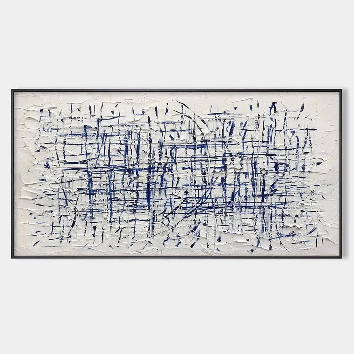 BLUE GRID: Textured Minimalist Abstract Painting in Blue and White | hanging in Textured minimalist abstract painting in soft blue and white tones; clean grid-inspired composition with subtle palet...