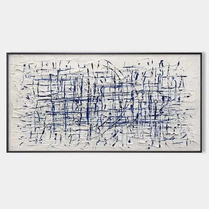 BLUE GRID: Textured Minimalist Abstract Painting in Blue and White | hanging in Textured minimalist abstract painting in soft blue and white tones; clean grid-inspired composition with subtle palet...
