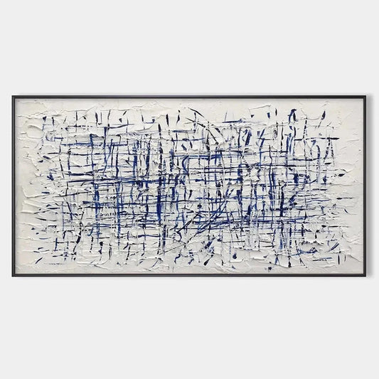 BLUE GRID: Textured Minimalist Abstract Painting in Blue and White | hanging in Textured minimalist abstract painting in soft blue and white tones; clean grid-inspired composition with subtle palet...