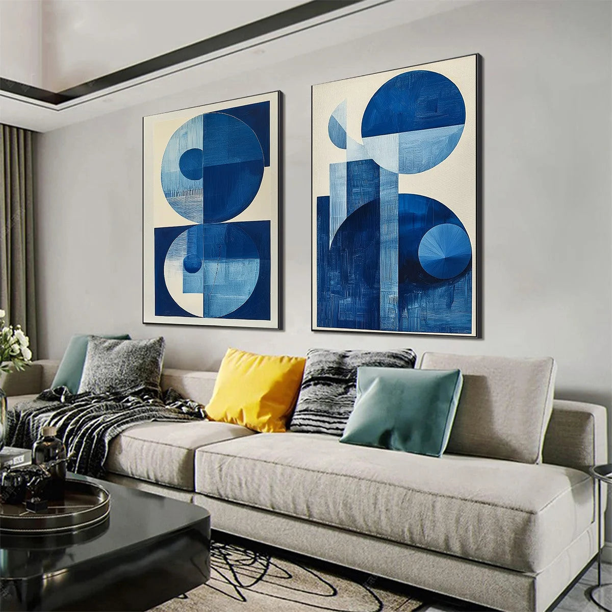BLUE HARMONY: Minimalist Geometric Abstract Acrylic Painting | gold frame stretched on neutral wall