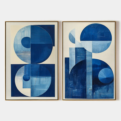 BLUE HARMONY: Minimalist Geometric Abstract Acrylic Painting | hanging in Minimalist geometric abstract acrylic painting in soft blue, white, and grey tones; clean composition with subtle layered d...
