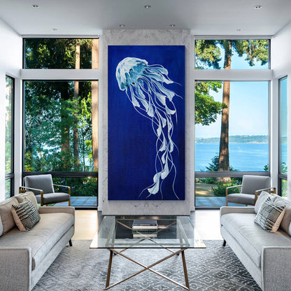 Blue Jellyfish Painting on Canvas, Long Vertical Ocean Wall Art, Marine Life Abs #2