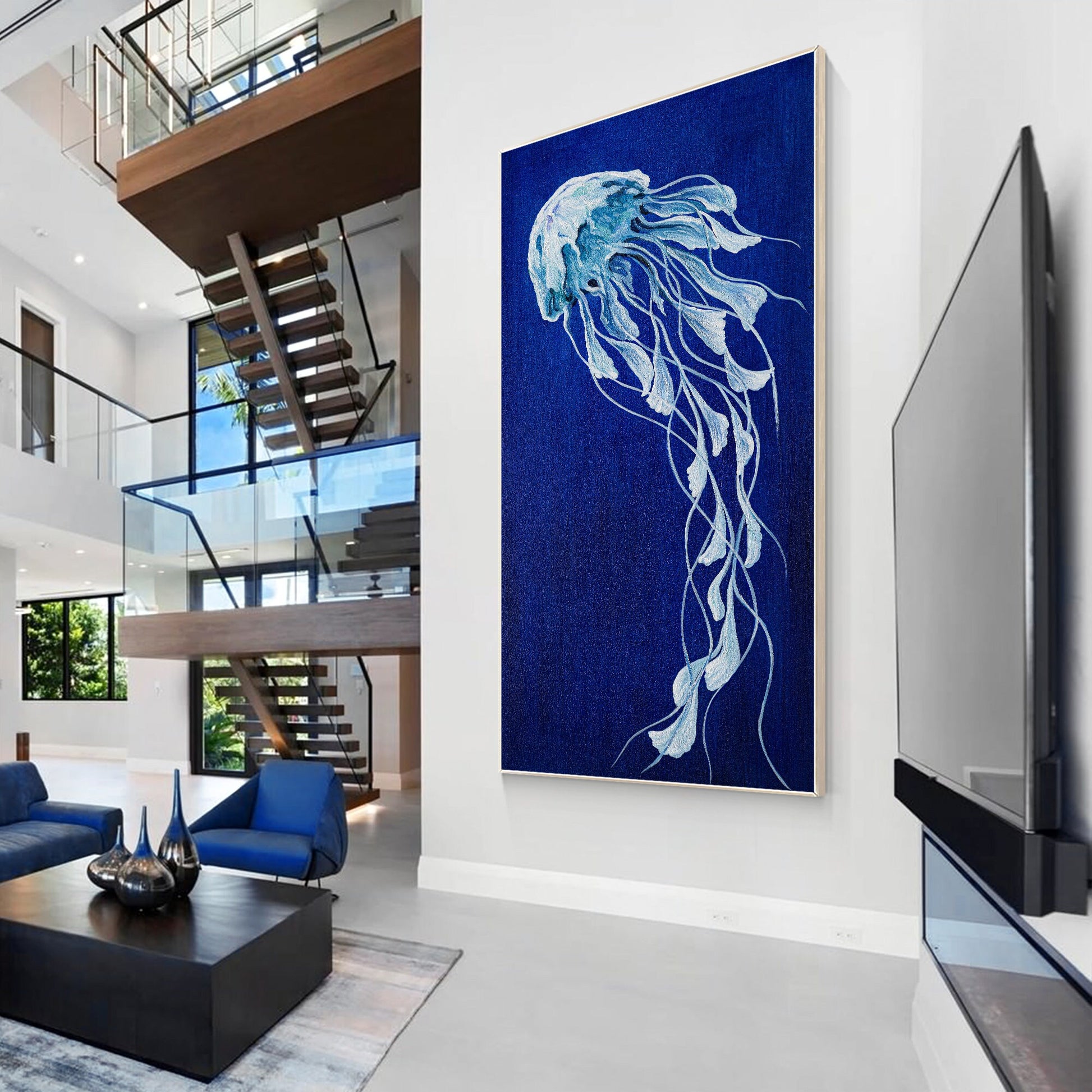 Blue Jellyfish Painting on Canvas, Long Vertical Ocean Wall Art, Marine Life Abs #3